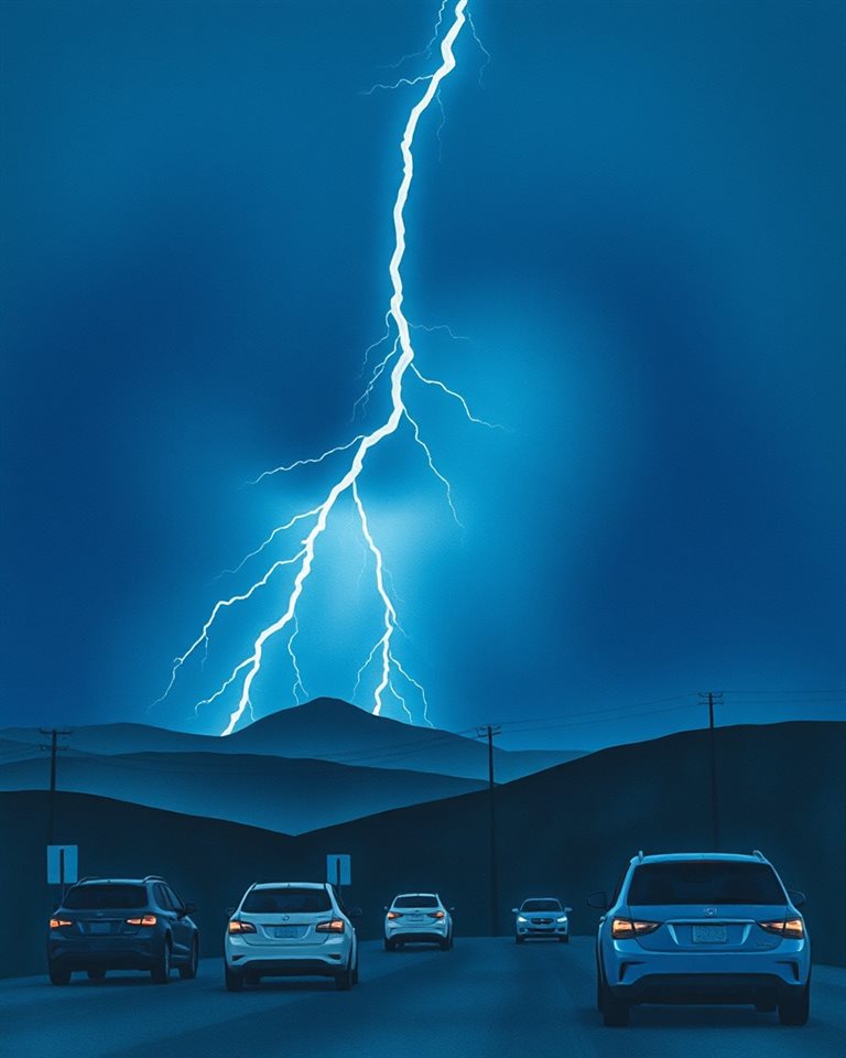 Watercolor illustration of A jagged bolt of lightning flashing across a dark night sky over a silhouette of hills, wide shot with open space at the top for text, cool blue tones, quiet atmosphere, 4:5 aspect ratio