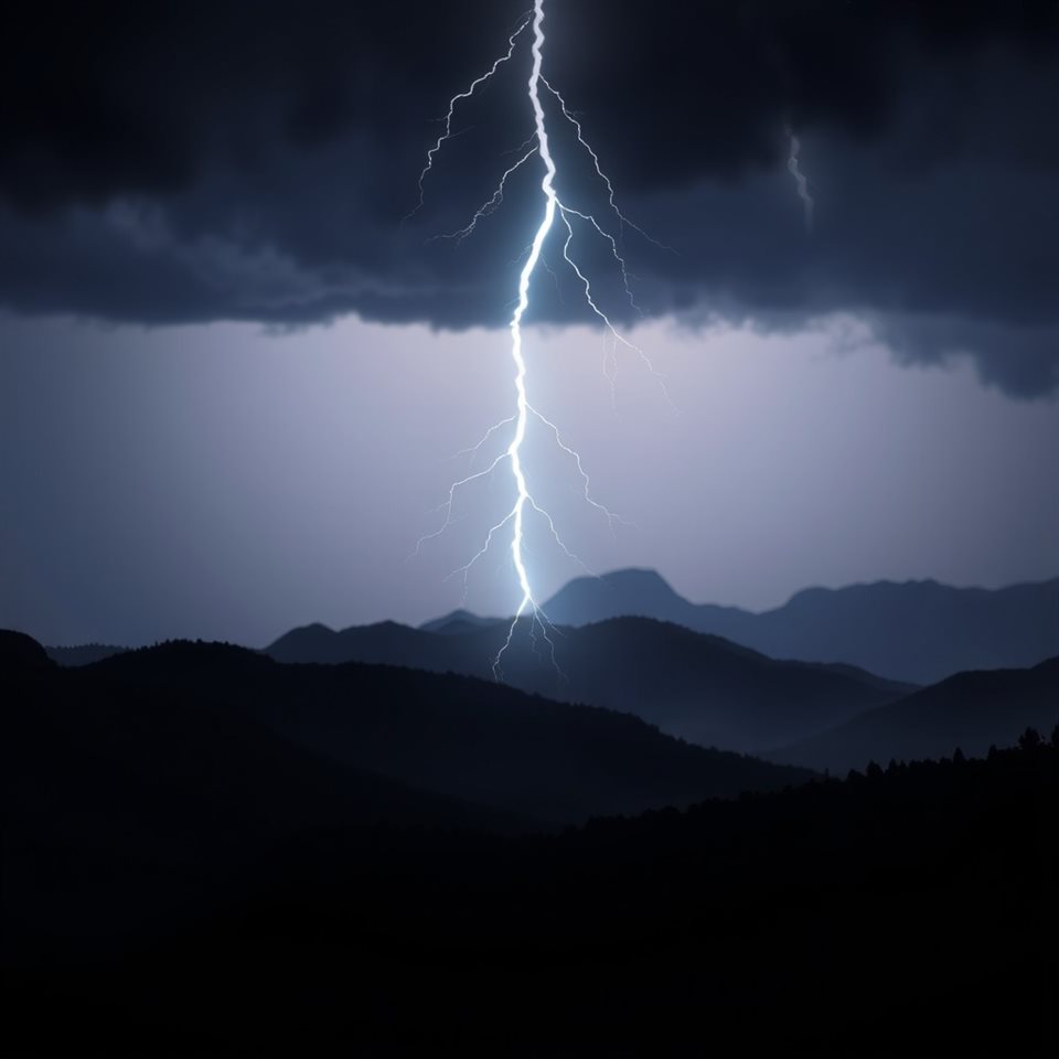 Soft 3D render of A jagged bolt of lightning flashing across a dark night sky over a silhouette of hills, close-up detail with shallow depth of field, misty morning haze, dreamy, 1:1 aspect ratio