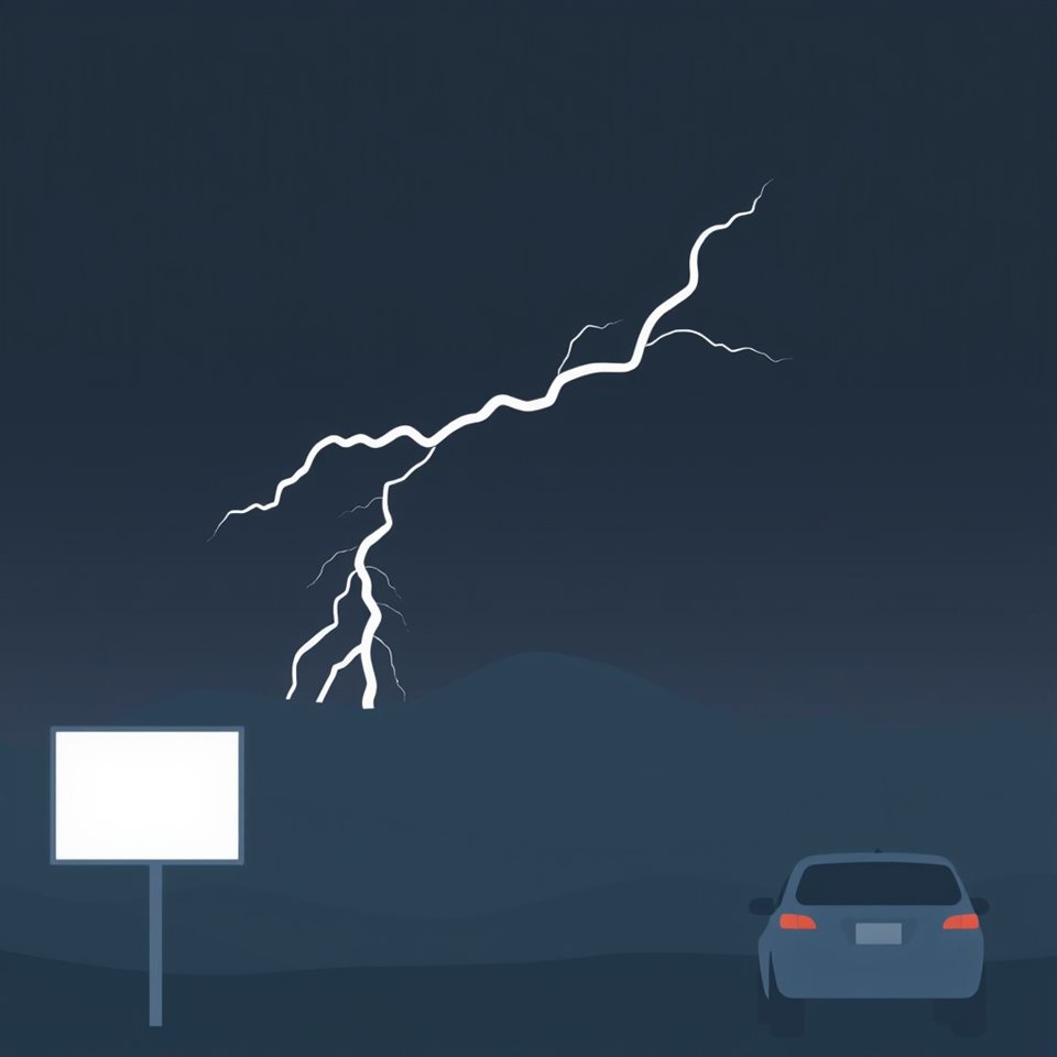 Minimal flat illustration of A jagged bolt of lightning flashing across a dark night sky over a silhouette of hills, close-up detail with shallow depth of field, soft pastel colors, bright and cozy, 1:1 aspect ratio