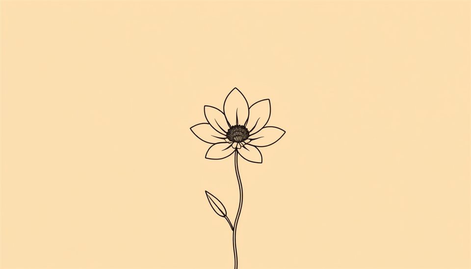 Photorealistic photo of A minimalist continuous single line drawing of a blooming flower on a beige background, wide shot with open space at the top for text, warm golden light, calm mood, 16:9 aspect ratio