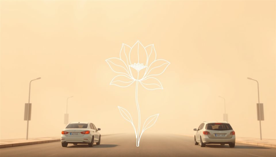 Soft 3D render of A minimalist continuous single line drawing of a blooming flower on a beige background, wide shot with open space at the top for text, misty morning haze, dreamy, 16:9 aspect ratio