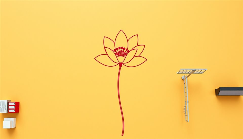Cinematic film still of A minimalist continuous single line drawing of a blooming flower on a beige background, high-angle view from above, vivid colors, high contrast, energetic, 16:9 aspect ratio