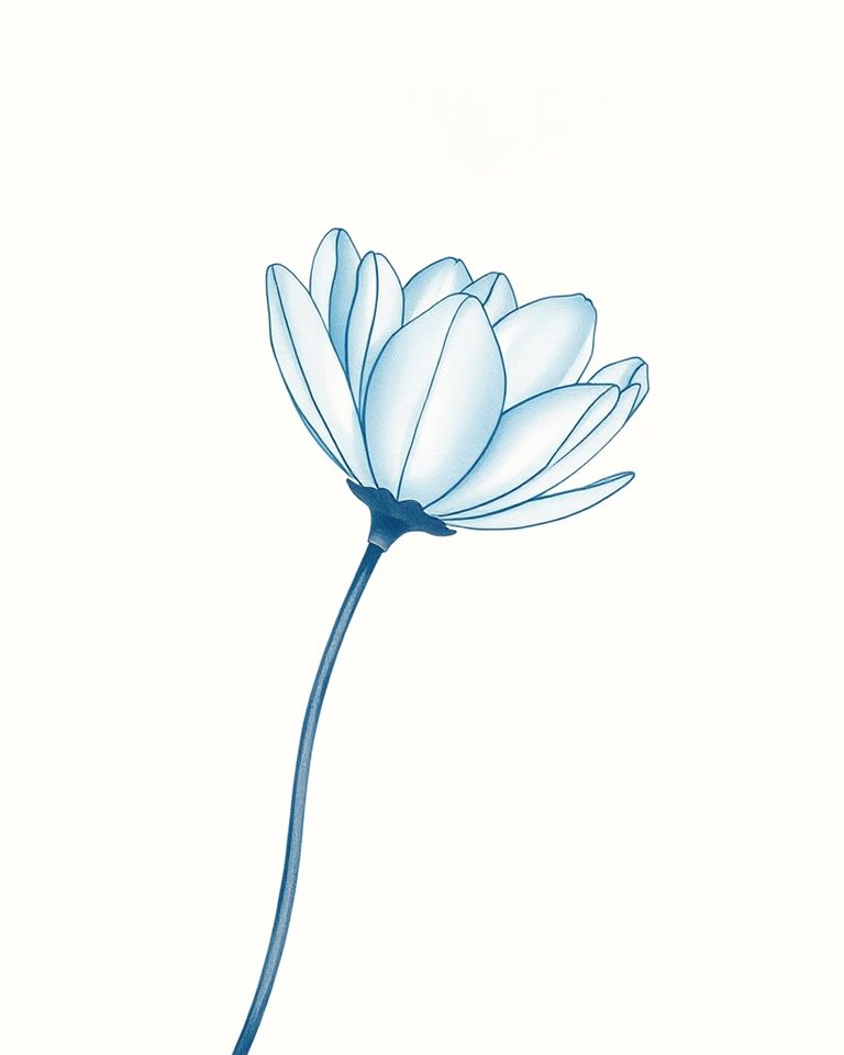 Watercolor illustration of A minimalist continuous single line drawing of a blooming flower on a beige background, close-up detail with shallow depth of field, cool blue tones, quiet atmosphere, 4:5 aspect ratio