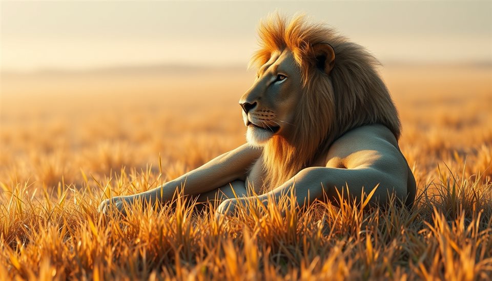 Soft 3D render of A majestic male lion resting calmly in the golden grasslands of the savannah., wide shot with open space at the top for text, misty morning haze, dreamy, 16:9 aspect ratio