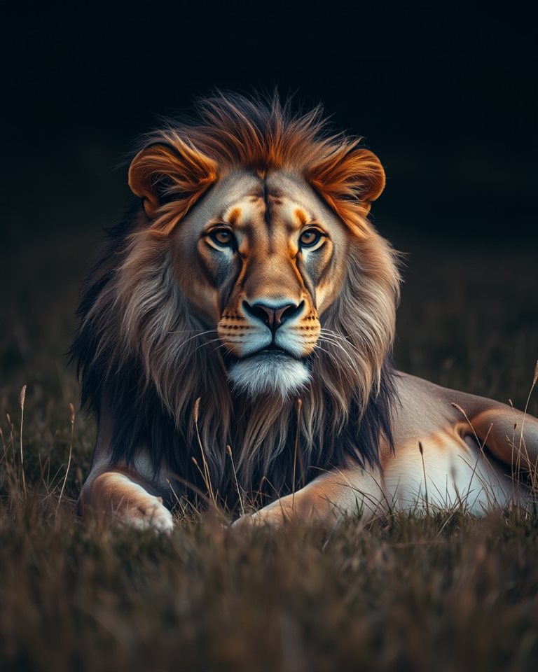 Photorealistic photo of A majestic male lion resting calmly in the golden grasslands of the savannah., close-up detail with shallow depth of field, moody dark tones, dramatic lighting, 4:5 aspect ratio
