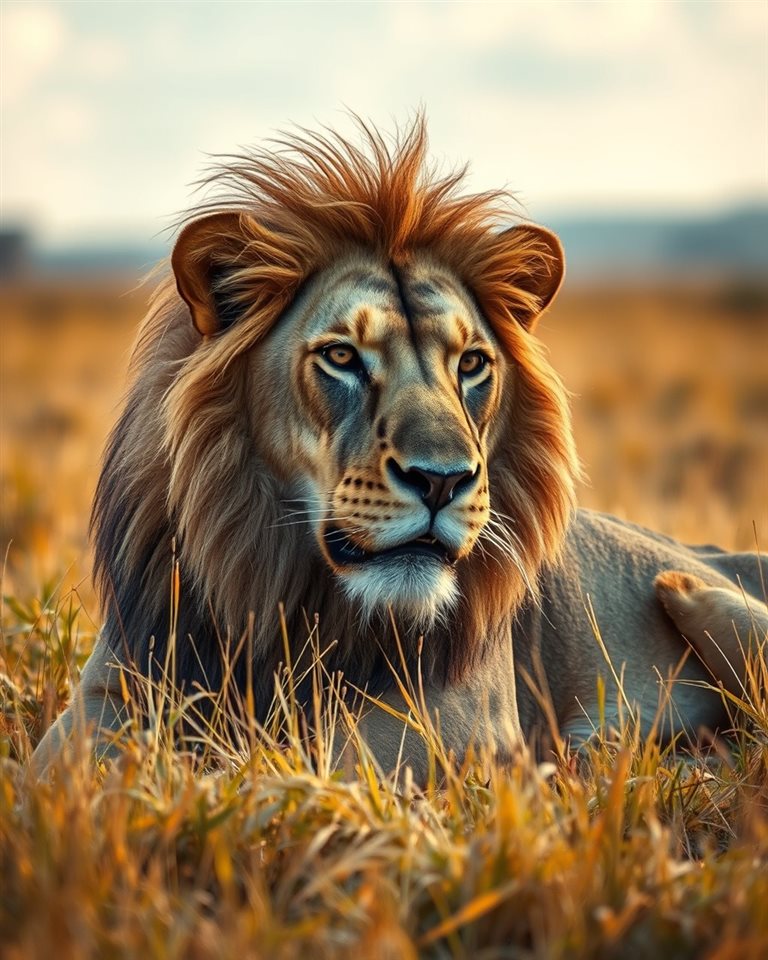Cinematic film still of A majestic male lion resting calmly in the golden grasslands of the savannah., close-up detail with shallow depth of field, vivid colors, high contrast, energetic, 4:5 aspect ratio