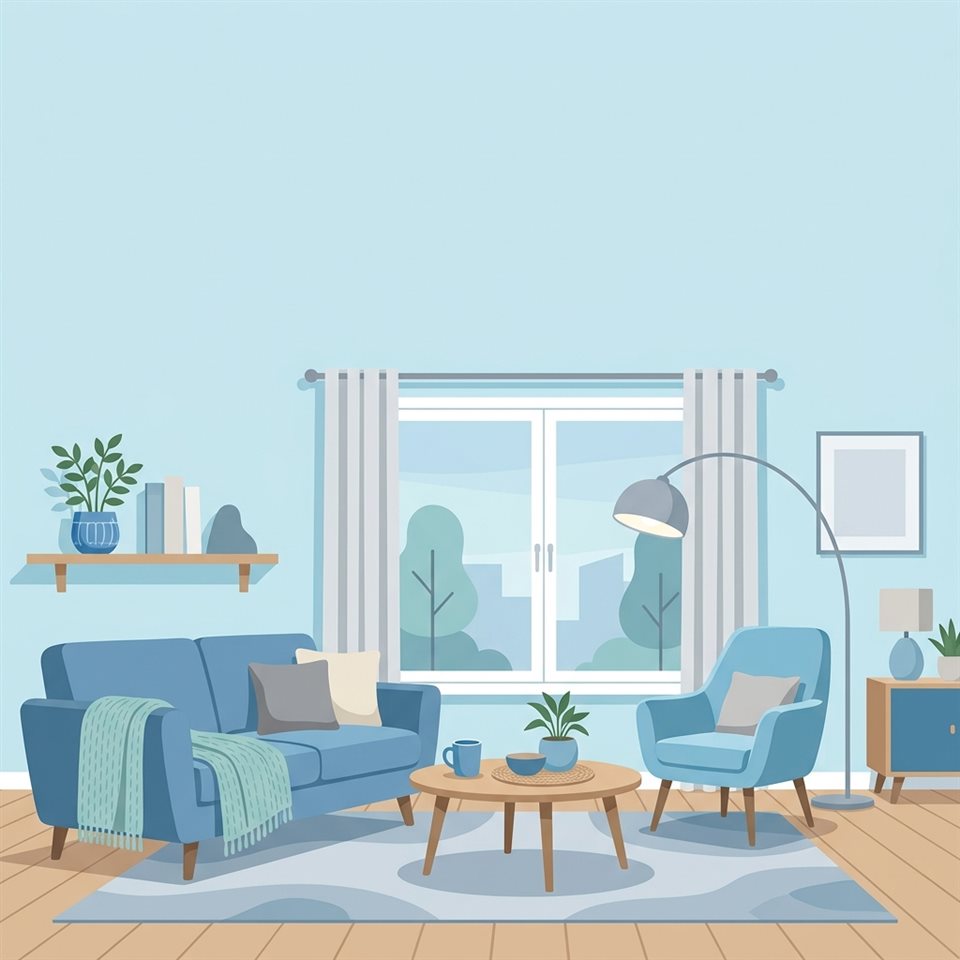 Ilustración plana minimalista de una sala de estar moderna y acogedora, plano general con espacio abierto en la parte superior para texto, tonos azules fríos, atmósfera silenciosa, relación de aspecto 1:1