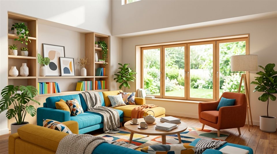 Renderizado 3D suave de una sala de estar moderna y acogedora, plano general con espacio abierto en la parte superior para texto, colores vivos, alto contraste, enérgico, relación de aspecto 16:9