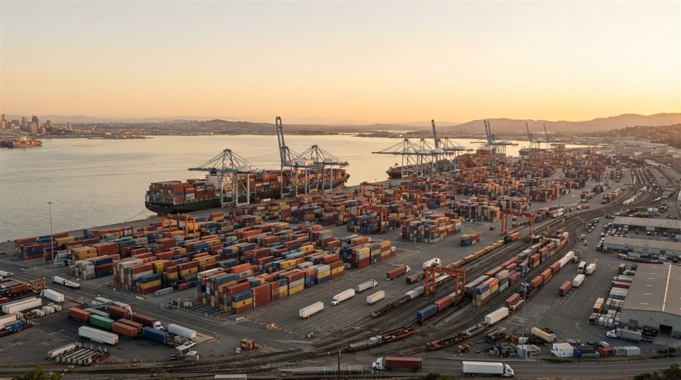 Photorealistic photo of a container shipping port viewed from afar with stacked cargo boxes, wide shot with open space at the top for text, warm golden light, calm mood, 16:9 aspect ratio