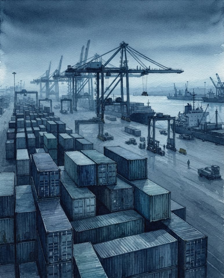 Watercolor illustration of a container shipping port viewed from afar with stacked cargo boxes, close-up detail with shallow depth of field, cool blue tones, quiet atmosphere, 4:5 aspect ratio