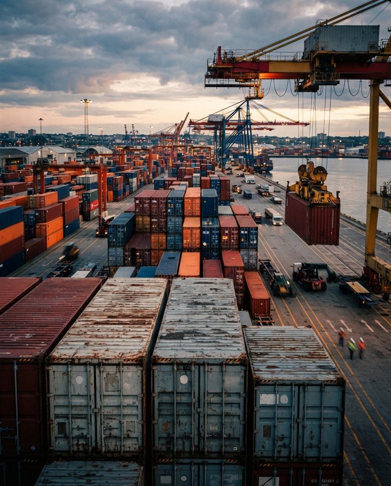 Cinematic film still of a container shipping port viewed from afar with stacked cargo boxes, close-up detail with shallow depth of field, vivid colors, high contrast, energetic, 4:5 aspect ratio