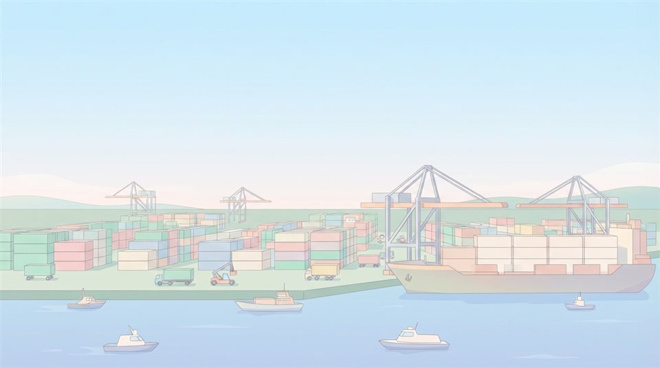 Minimal flat illustration of a container shipping port viewed from afar with stacked cargo boxes, wide shot with open space at the top for text, soft pastel colors, bright and cozy, 16:9 aspect ratio