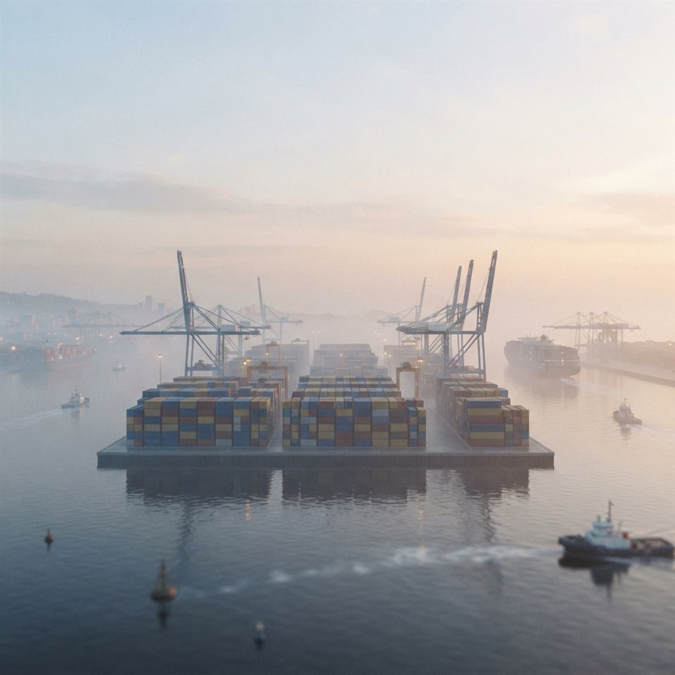 Soft 3D render of a container shipping port viewed from afar with stacked cargo boxes, centered subject with a simple uncluttered composition, misty morning haze, dreamy, 1:1 aspect ratio