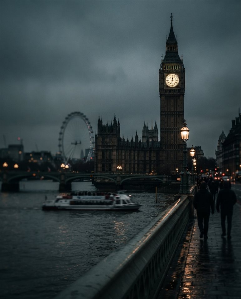 Cinematic film still of London with Big Ben and the Thames, close-up detail with shallow depth of field, moody dark tones, dramatic lighting, 4:5 aspect ratio