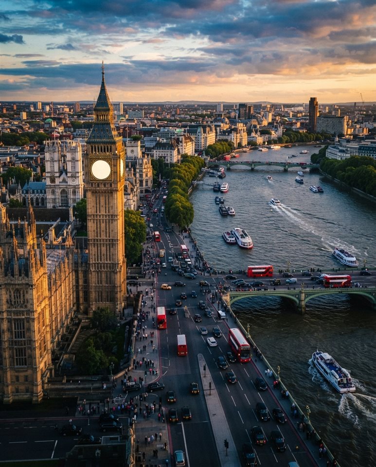 Cinematic film still of London with Big Ben and the Thames, high-angle view from above, vivid colors, high contrast, energetic, 4:5 aspect ratio