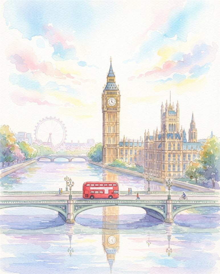 Watercolor illustration of London with Big Ben and the Thames, centered subject with a simple uncluttered composition, soft pastel colors, bright and cozy, 4:5 aspect ratio