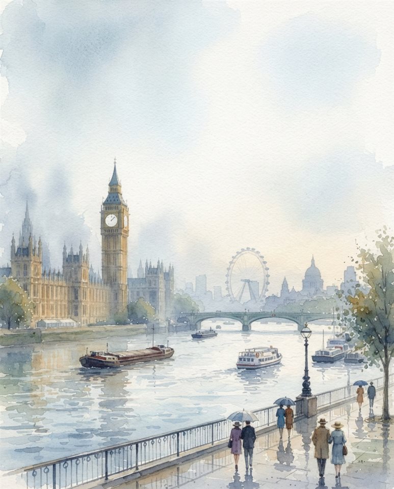 Watercolor illustration of London with Big Ben and the Thames, wide shot with open space at the top for text, misty morning haze, dreamy, 4:5 aspect ratio