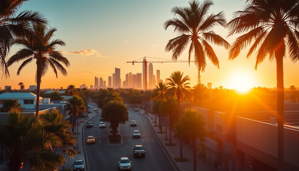 Photorealistic photo of A wide aerial view of wide palm-lined streets under a bright golden hour sunset with distant modern skyscrapers., close-up detail with shallow depth of field, warm golden light, calm mood, 16:9 aspect ratio