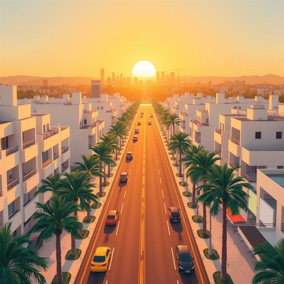 Minimal flat illustration of A wide aerial view of wide palm-lined streets under a bright golden hour sunset with distant modern skyscrapers., high-angle view from above, soft pastel colors, bright and cozy, 1:1 aspect ratio