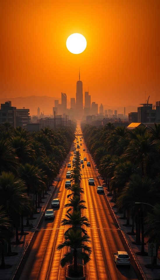 Photorealistic photo of A wide aerial view of wide palm-lined streets under a bright golden hour sunset with distant modern skyscrapers., wide shot with open space at the top for text, moody dark tones, dramatic lighting, 9:16 aspect ratio
