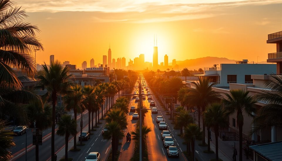 Cinematic film still of A wide aerial view of wide palm-lined streets under a bright golden hour sunset with distant modern skyscrapers., wide shot with open space at the top for text, vivid colors, high contrast, energetic, 16:9 aspect ratio