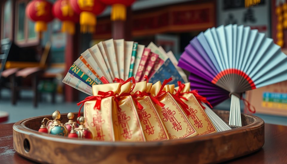Cinematic film still of Traditional festive objects including lucky pouches and colorful silk fans arranged neatly on a wooden tray., close-up detail with shallow depth of field, vivid colors, high contrast, energetic, 16:9 aspect ratio