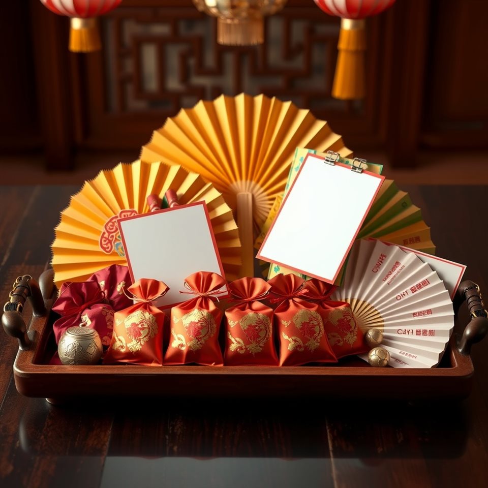 Photorealistic photo of Traditional festive objects including lucky pouches and colorful silk fans arranged neatly on a wooden tray., wide shot with open space at the top for text, warm golden light, calm mood, 1:1 aspect ratio