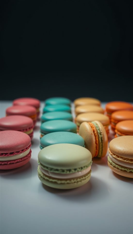 Photorealistic photo of A neat row of colorful pastel macarons displayed on a minimalist white surface., wide shot with open space at the top for text, moody dark tones, dramatic lighting, 9:16 aspect ratio