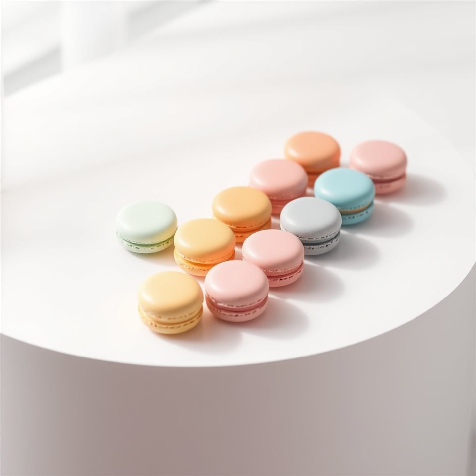 Soft 3D render of A neat row of colorful pastel macarons displayed on a minimalist white surface., high-angle view from above, misty morning haze, dreamy, 1:1 aspect ratio