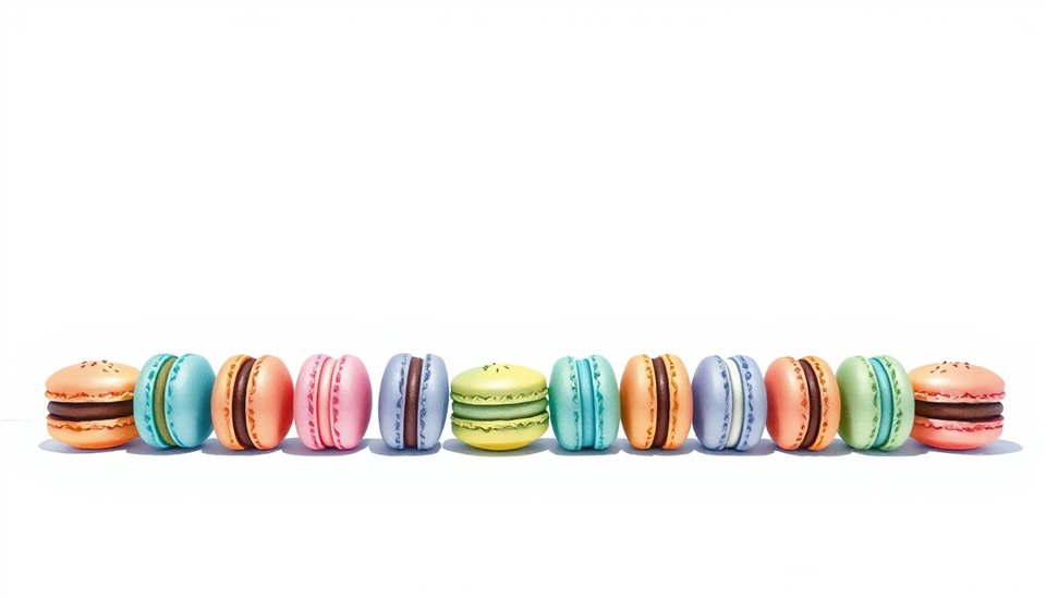 Watercolor illustration of A neat row of colorful pastel macarons displayed on a minimalist white surface., wide shot with open space at the top for text, cool blue tones, quiet atmosphere, 16:9 aspect ratio