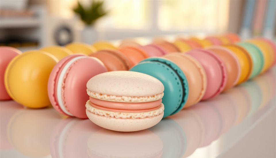 Photorealistic photo of A neat row of colorful pastel macarons displayed on a minimalist white surface., close-up detail with shallow depth of field, warm golden light, calm mood, 16:9 aspect ratio