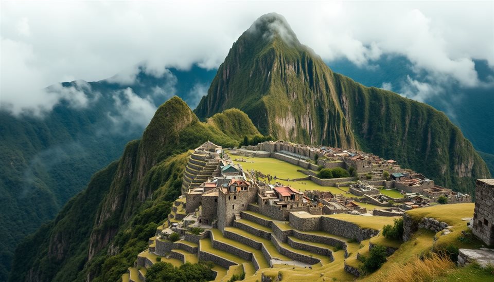Cinematic film still of The ancient stone ruins of Machu Picchu nestled among majestic green mountains in the mist, high-angle view from above, vivid colors, high contrast, energetic, 16:9 aspect ratio