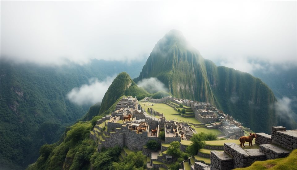Soft 3D render of The ancient stone ruins of Machu Picchu nestled among majestic green mountains in the mist, wide shot with open space at the top for text, misty morning haze, dreamy, 16:9 aspect ratio