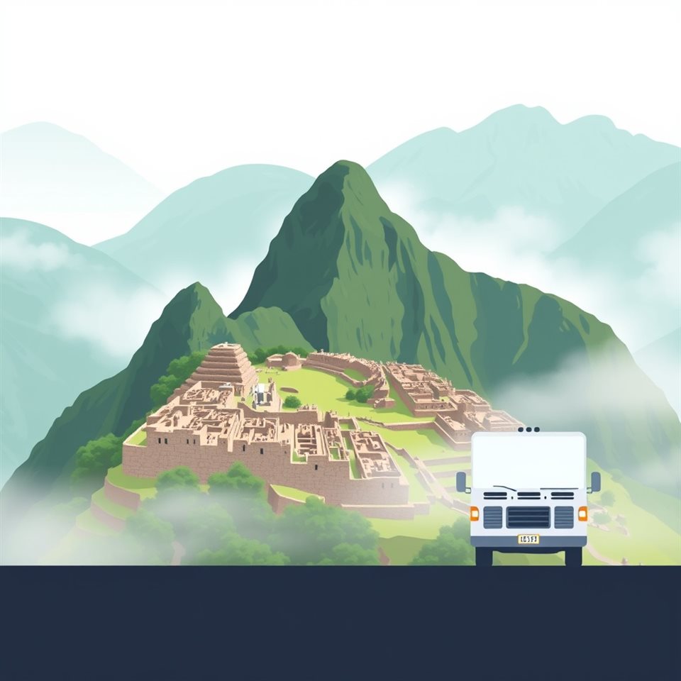 Minimal flat illustration of The ancient stone ruins of Machu Picchu nestled among majestic green mountains in the mist, centered subject with a simple uncluttered composition, soft pastel colors, bright and cozy, 1:1 aspect ratio