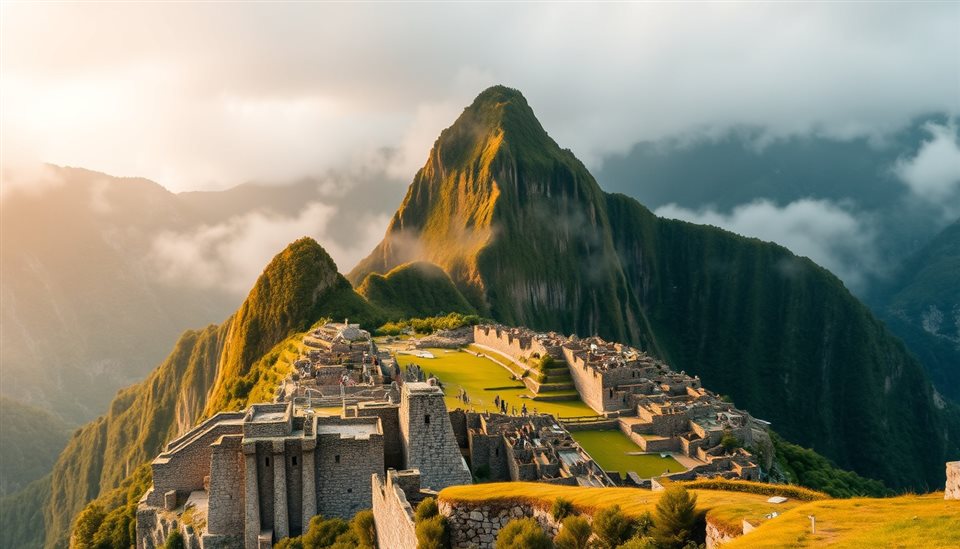 Photorealistic photo of The ancient stone ruins of Machu Picchu nestled among majestic green mountains in the mist, wide shot with open space at the top for text, warm golden light, calm mood, 16:9 aspect ratio