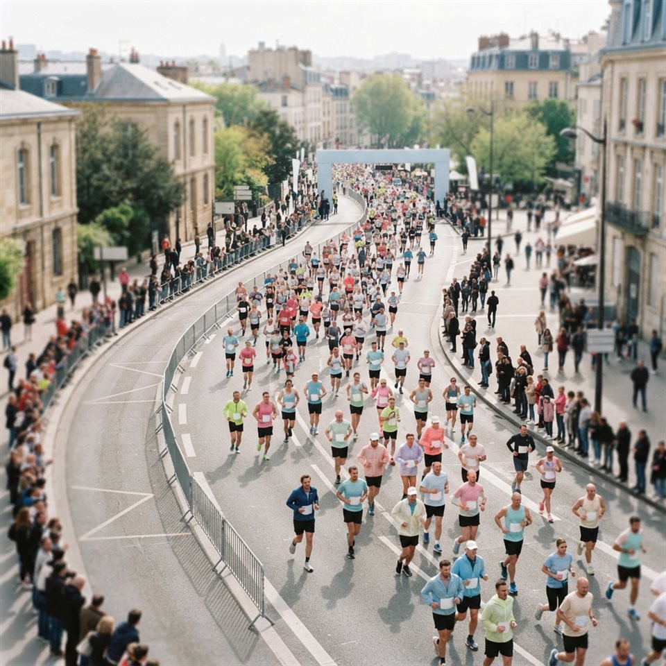 Photorealistic photo of runners in a city marathon, high-angle view from above, soft pastel colors, bright and cozy, 1:1 aspect ratio