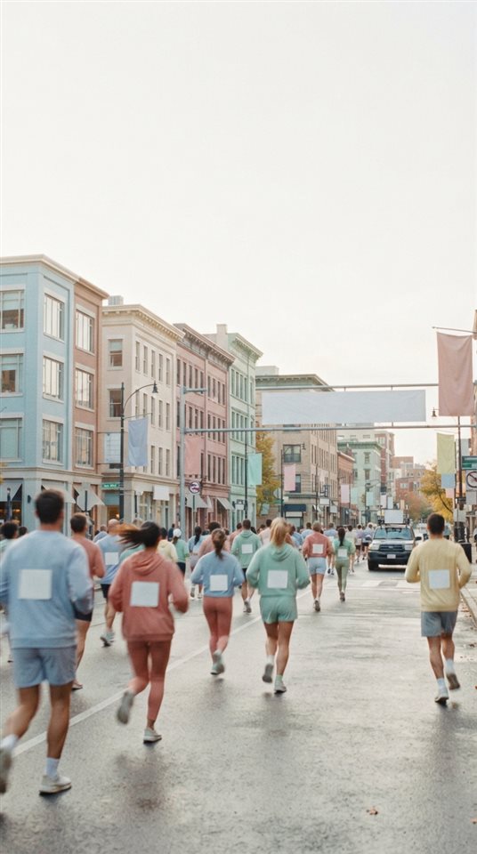 Cinematic film still of runners in a city marathon, wide shot with open space at the top for text, soft pastel colors, bright and cozy, 9:16 aspect ratio