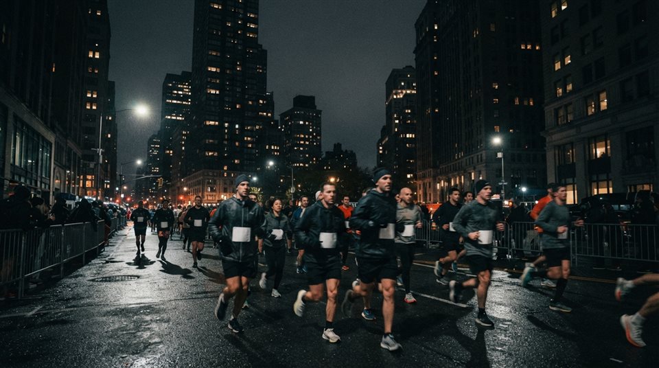 Photorealistic photo of runners in a city marathon, wide shot with open space at the top for text, moody dark tones, dramatic lighting, 16:9 aspect ratio
