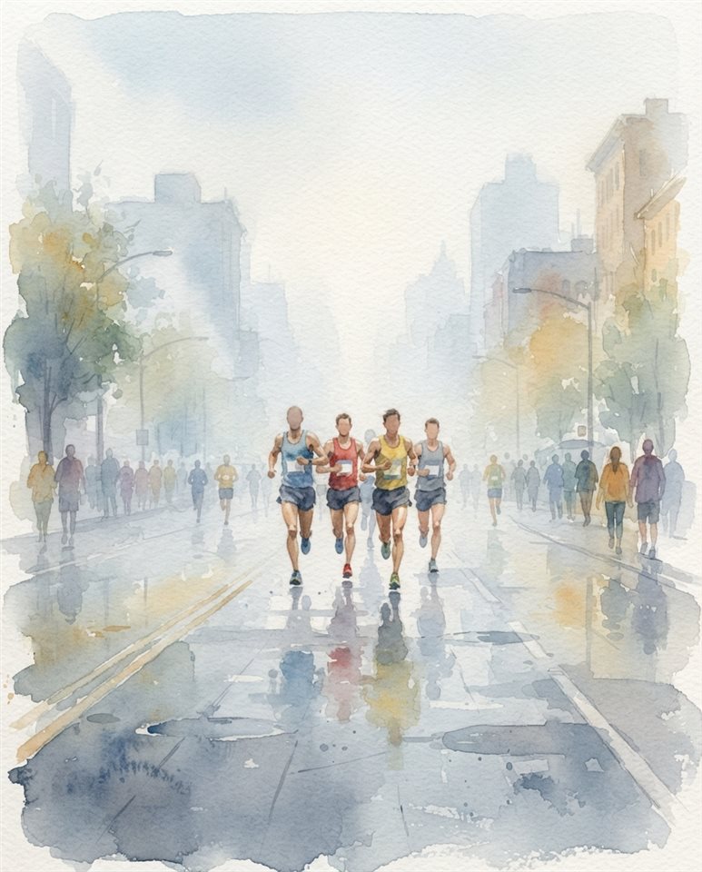 Watercolor illustration of runners in a city marathon, centered subject with a simple uncluttered composition, misty morning haze, dreamy, 4:5 aspect ratio