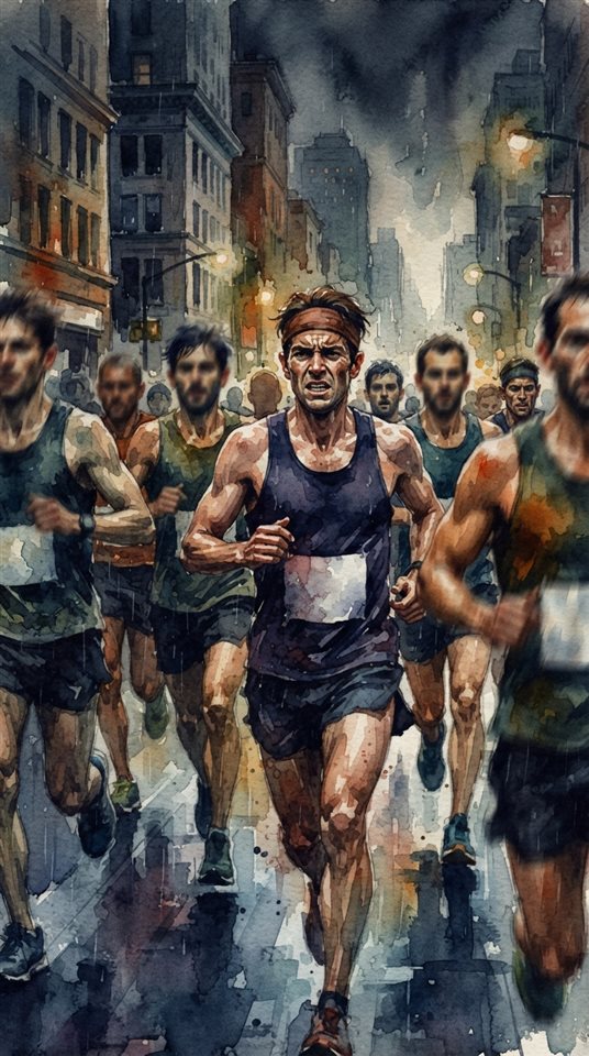 Watercolor illustration of runners in a city marathon, close-up detail with shallow depth of field, moody dark tones, dramatic lighting, 9:16 aspect ratio