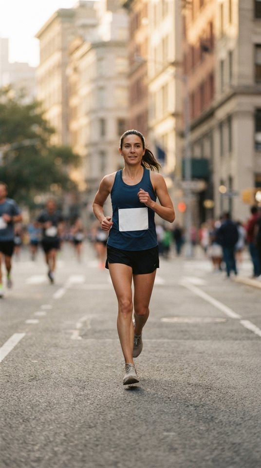 Cinematic film still of runners in a city marathon, centered subject with a simple uncluttered composition, warm golden light, calm mood, 9:16 aspect ratio