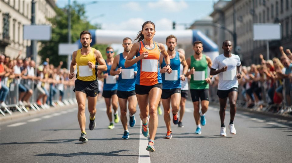 Photorealistic photo of runners in a city marathon, centered subject with a simple uncluttered composition, vivid colors, high contrast, energetic, 16:9 aspect ratio
