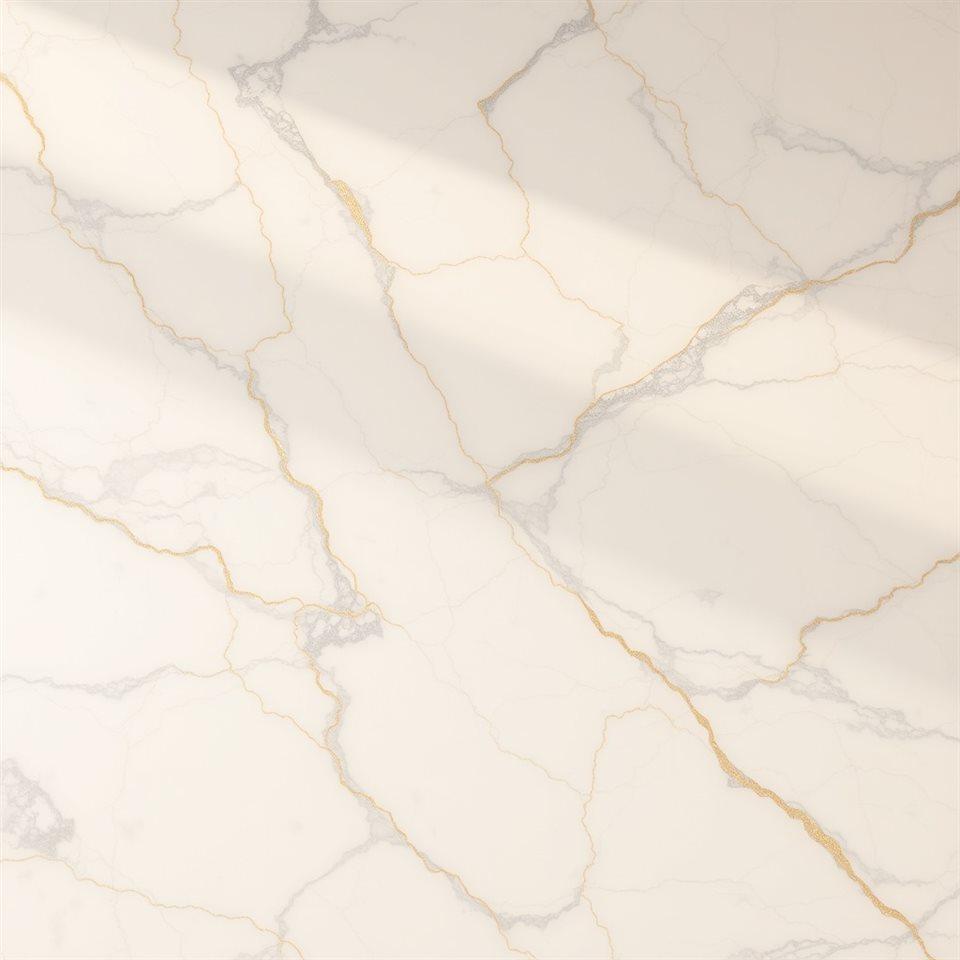 Photorealistic photo of A luxurious white marble surface with delicate gray and gold natural mineral veins., wide shot with open space at the top for text, warm golden light, calm mood, 1:1 aspect ratio