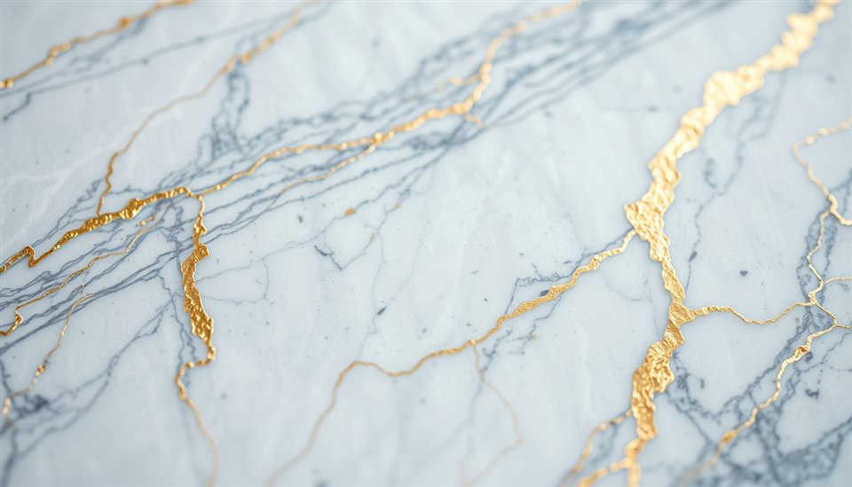Cinematic film still of A luxurious white marble surface with delicate gray and gold natural mineral veins., close-up detail with shallow depth of field, vivid colors, high contrast, energetic, 16:9 aspect ratio