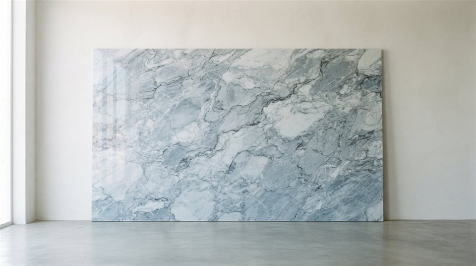Photorealistic photo of marble texture, centered subject with a simple uncluttered composition, cool blue tones, quiet atmosphere, 16:9 aspect ratio