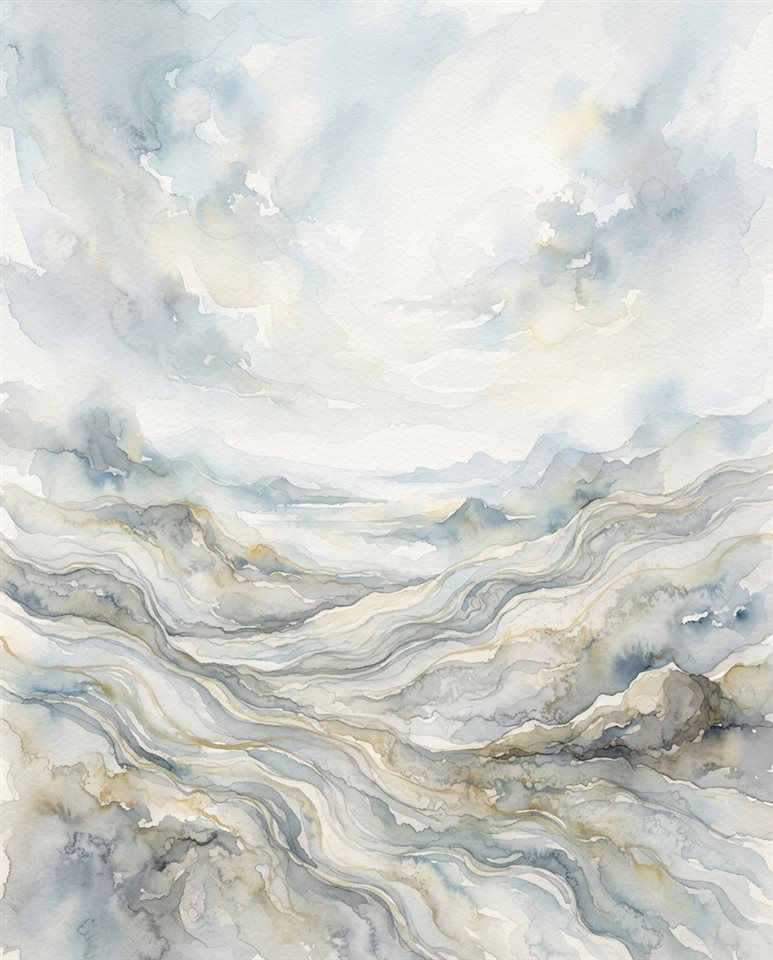 Watercolor illustration of marble texture, wide shot with open space at the top for text, misty morning haze, dreamy, 4:5 aspect ratio