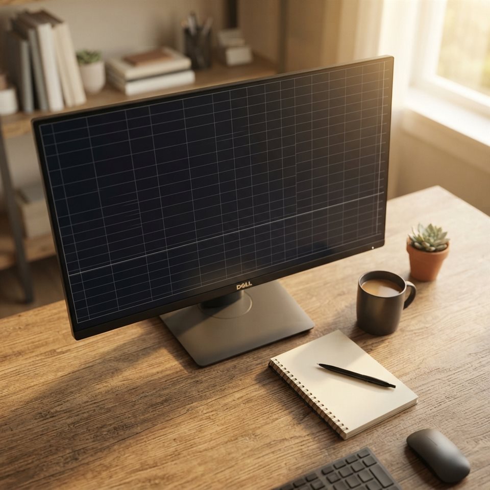 Photorealistic photo of a blank financial chart on a screen with grid lines, high-angle view from above, warm golden light, calm mood, 1:1 aspect ratio