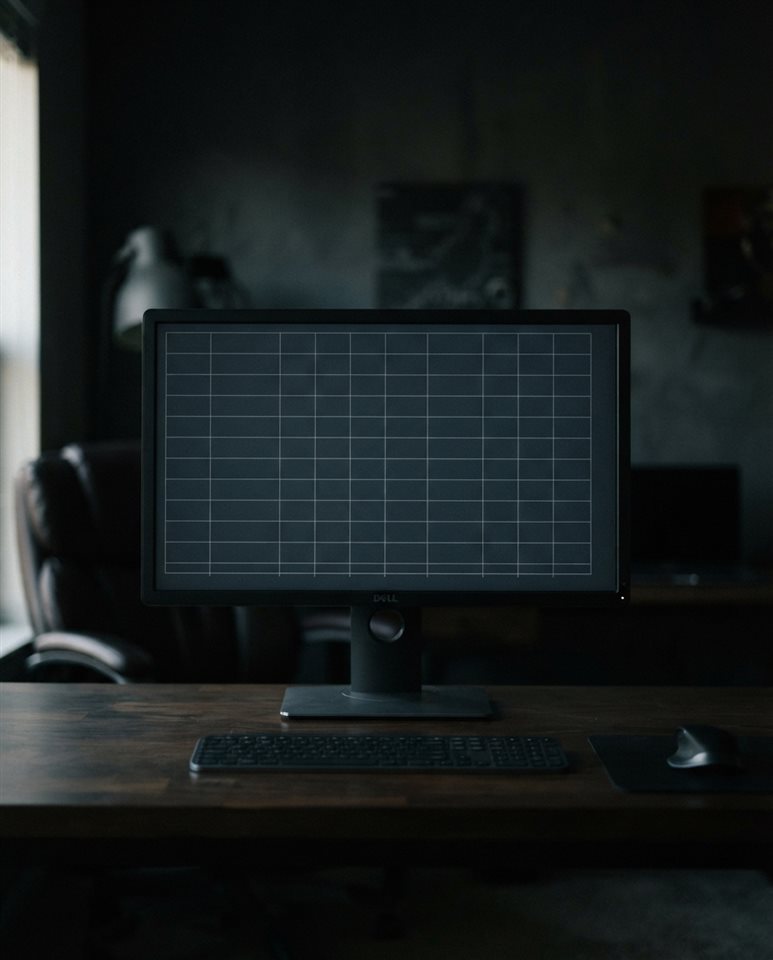 Photorealistic photo of a blank financial chart on a screen with grid lines, centered subject with a simple uncluttered composition, moody dark tones, dramatic lighting, 4:5 aspect ratio
