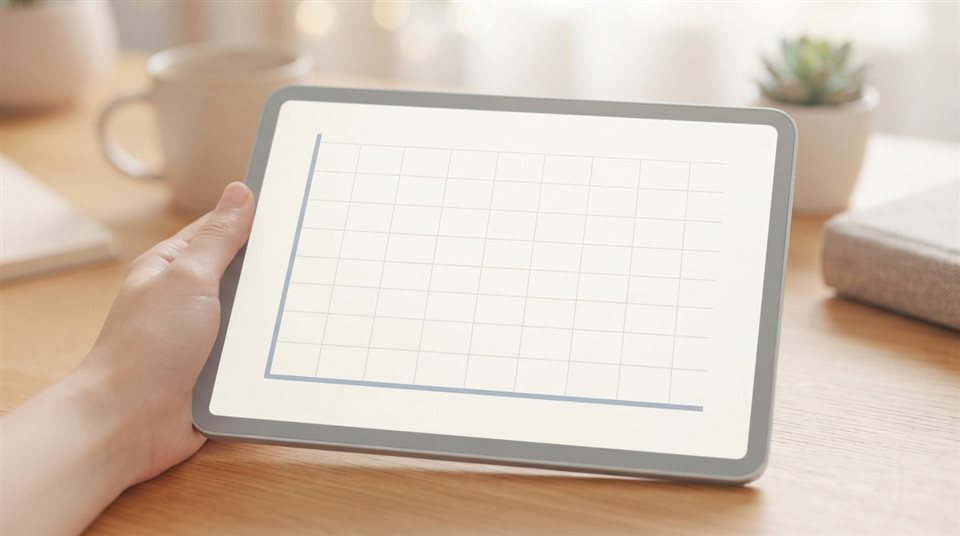 Minimal flat illustration of a blank financial chart on a screen with grid lines, close-up detail with shallow depth of field, soft pastel colors, bright and cozy, 16:9 aspect ratio