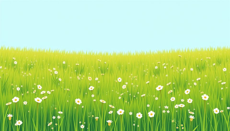 Minimal flat illustration of Vibrant green meadow filled with wild grass and small flowers under a bright blue sky, centered subject with a simple uncluttered composition, soft pastel colors, bright and cozy, 16:9 aspect ratio